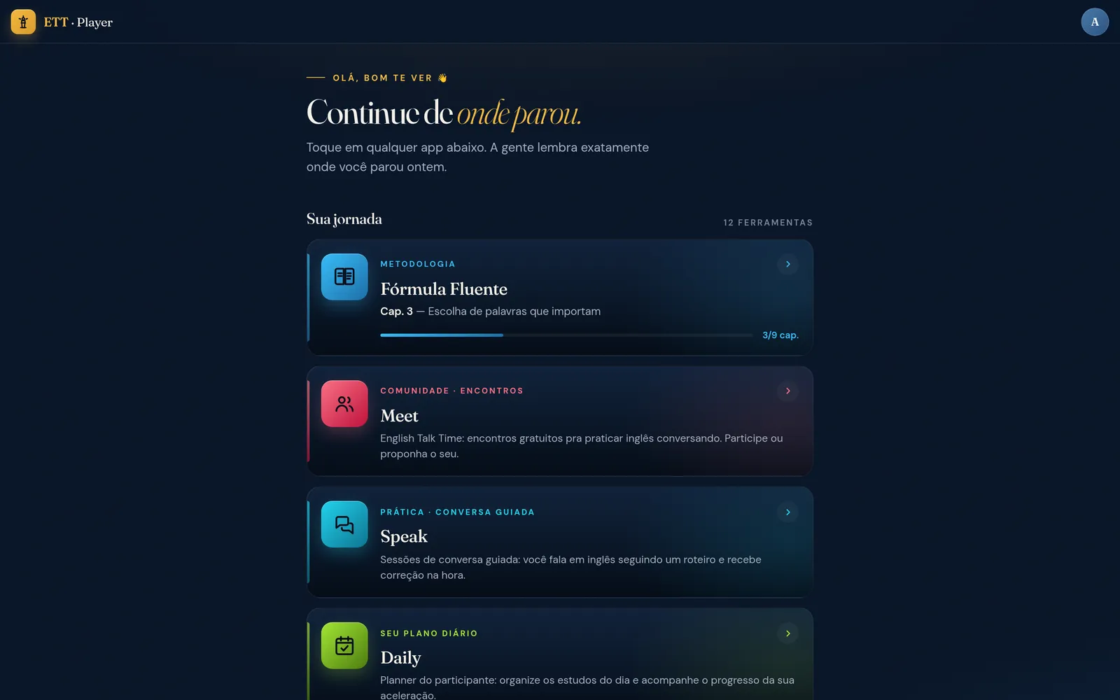 ETT Player — app com as ferramentas de inglês com IA: Fórmula Fluente, Meet, Speak e Daily